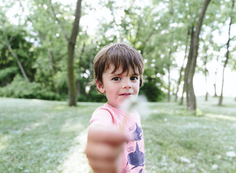 Ein Junge, ein Kind, das einen Löwenzahn hochhält, steht in einem Park. - MINF05040