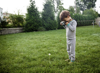 Junge, Kind beim Fotografieren einer Pusteblume mit einer Kamera. - MINF05115