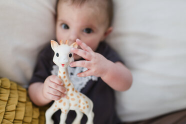 Ein Baby liegt auf einem Bett und hält eine Spielzeuggiraffe. - MINF05176