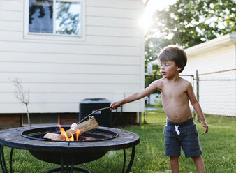 Kind, Junge, der in einem Garten steht und Marshmallows auf einem Stock in einer Feuerstelle röstet. - MINF05251