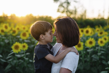 Lächelnde Frau mit braunem Haar steht in einem Sonnenblumenfeld und umarmt einen kleinen Jungen. - MINF05334