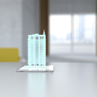 3D-Rendering, Hologramm eines Gebäudes auf einem digitalen Tablet auf dem Schreibtisch - UWF01425