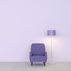 3D-Rendering, Lila Sessel und Stehlampe an der Wand - UWF01437