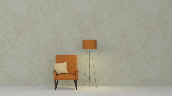 3D-Rendering, Gelber Sessel und Stehlampe vor marmorierter Wand - UWF01438