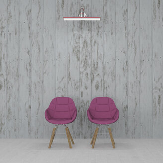 3D-Rendering, Zwei Stühle vorne an der Wand, beleuchtet von einer Wandlampe - UWF01440