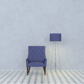 3D-Rendering, Blauer Sessel und Stehlampe vor marmorierter Wand - UWF01441