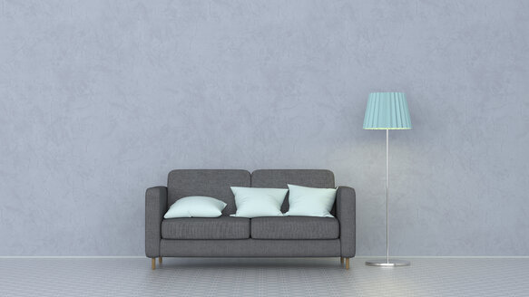 3D-Rendering, Couch mit Kissen und Stehlampe - UWF01442