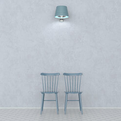 3D-Rendering, Zwei Stühle vorne an der Wand, beleuchtet von einer Wandlampe - UWF01443