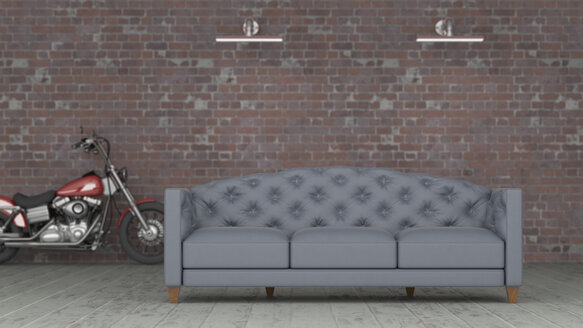 3D-Rendering, Graue Couch vor Backsteinmauer mit Motorrad im Hintergrund - UWF01445