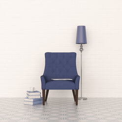 3D-Rendering, Blauer Sessel und Stehlampe mit Bücherstapel - UWF01447