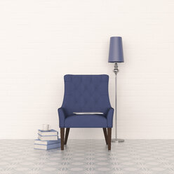 3D rendering, Blue armchair and floor lamp with stack of books - UWF01447