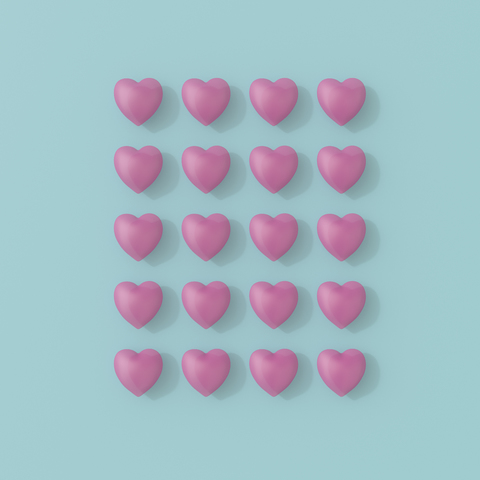 3D-Rendering, Reihen von rosa Herzen auf blauem Hintergrund, lizenzfreies Stockfoto