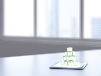 3D rendering, Pile of cubes on digital tablet on desk - UWF01494