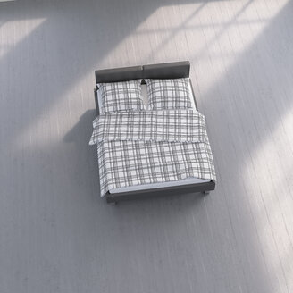 3D-Rendering, Bett mit karierter Einstreu auf Betonboden - UWF01501