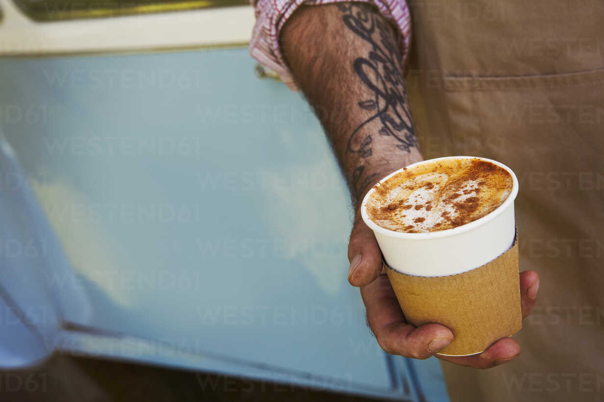 Coffee Cappuccino In Paper Cup For Take Away Stock Photo, Picture