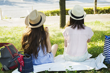 Zwei junge Frauen mit langen braunen Haaren sitzen auf einer Wiese. - MINF05756