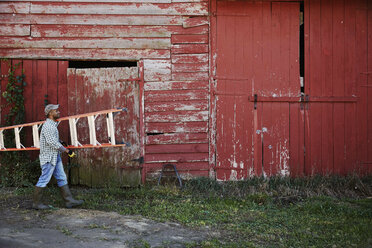 Ein junger Mann in Arbeitskleidung und Mütze trägt eine Leiter über einen Bauernhof. - MINF05795