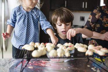 Ein Junge und ein Mädchen verzieren Kekse mit roten Streuseln und werden dabei von einer erwachsenen Frau beaufsichtigt. - MINF05883