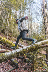 Spain, Ordesa y Monte Perdido National Park, man in the woods - AFVF01297