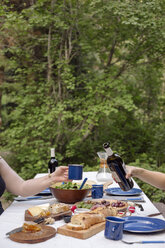 Tisch in einem Garten, gedeckt mit Tellern und Speisen, ein Mann schenkt ein Glas Wein ein. - MINF06006