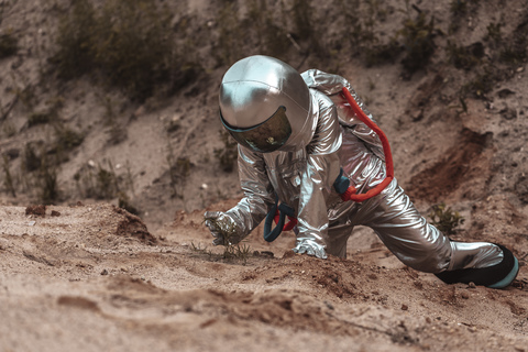 Raumfahrer erforscht namenlosen Planeten, untersucht Pflanzen, lizenzfreies Stockfoto