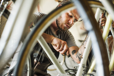 A man working in a bicycle repair shop. - MINF06301