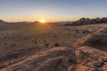 Rock formations in the Wadi Rum desert wilderness in southern Jordan at sunset. - MINF06502