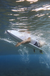 Maledives, Indian Ocean, surfer lying on surfboard, underwater shot - KNTF01191