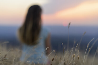 Spanien, Katalonien, Montcau, Gräser im Sonnenuntergang mit unscharfer Frau im Hintergrund - AFVF01361