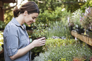 Kaukasische Frau, die eine kleine Pflanze, ein aromatisches Kraut, in der Hand hält und daran riecht, während sie in einem Gartencenter einkauft. - MINF06921