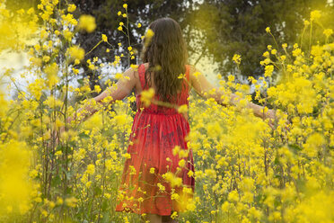 Junge Frau in einem roten Kleid mit ausgestreckten Händen, die durch ein Feld mit gelben Blumen zum Strand geht. - AURF00039