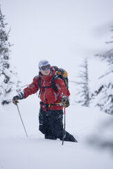 Young man ski-touring through forest - AURF00073