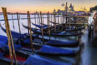 Gondolas moored on a canal in Venice, Italy, at sunrise. - MINF07486