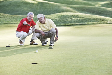 Senior golfers judging the lie on one of the greens of the golf course. - MINF07919