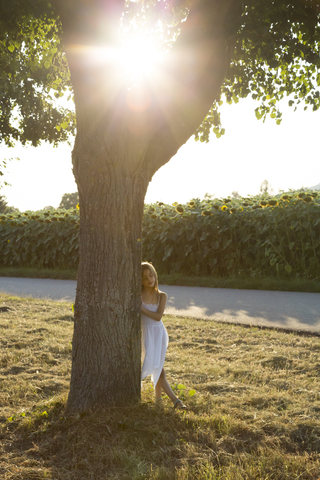 Mädchen lehnt an einem Baumstamm am Sommerabend, lizenzfreies Stockfoto