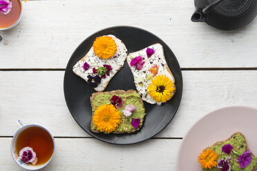 Toast mit Avocado-Hummus und Käsespray mit essbaren Blumen - SKCF00526