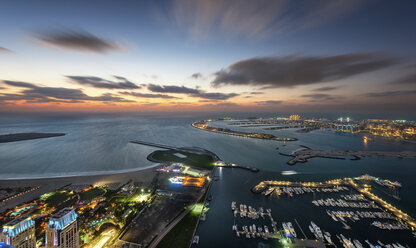 Aerial view of marina and Persian Gulf at dusk, Dubai, United Arab Emirates. - MINF08033