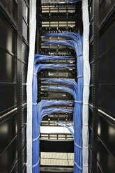 Nahaufnahme eines CAT-5-Kabelbündelsystems in einem Computer-Serverraum - MINF08292