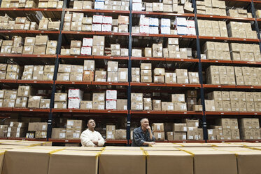 Zwei männliche Lagerarbeiter überprüfen den Bestand in einem großen Auslieferungslager voller Produkte, die in Kartons auf Paletten in großen Regalen gelagert sind. - MINF08399