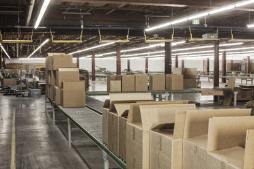Innenansicht eines großen Auslieferungslagers mit einem motorisierten Fördersystem zum Transport von in Kartons gelagerten Produkten. - MINF08438