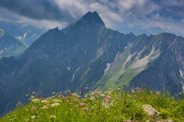 Deutschland, Bayern, heranziehendes Gewitter am Laufbacher Eck, Blick zum Nebelhorn und Oytal, im Hintergrund die Höfats - WGF01214