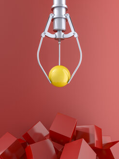 3D rendering, Claw holding yellow ball over pile of red cubes - AHUF00510
