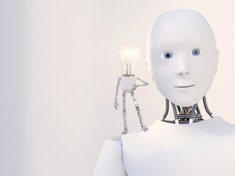 3D rendering, Little bulb manikin standing on shoulder of a robot - AHUF00520