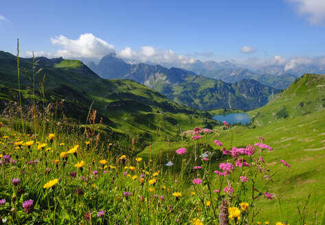 Germany, Bavaria, Allgaeu Alps, View from Zeigersattel to Seealpsee with Hoefats - SIEF07869