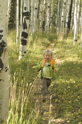 Young girl hiking the Engineer Trail in the fall, San Juan National Forest, Durango, Colorado. - AURF00273