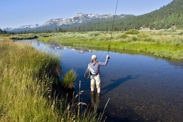 Junge Frau beim Fliegenfischen am West Fork des Carson River im Hope Valley, Lake Tahoe, Kalifornien. - AURF00288