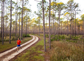 A runner jogs along a dirt road near straight pine trees and sawgrass. - AURF00328