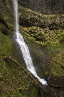 Eine Frau beim Trailrunning neben einem Wasserfall im Silver Falls State Park, Oregon, USA. - AURF00414