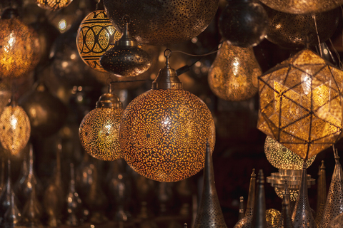 Morocco, Marrakesh, illuminated lamps at souk stock photo