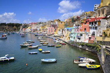 Hafen mit vertäuten Booten und farbenfrohen Gebäuden am Ufer, die auf den Hügeln über dem Wasser stehen. Procida, auf den Flegreischen Inseln vor der Küste von Neapel. - MINF08627